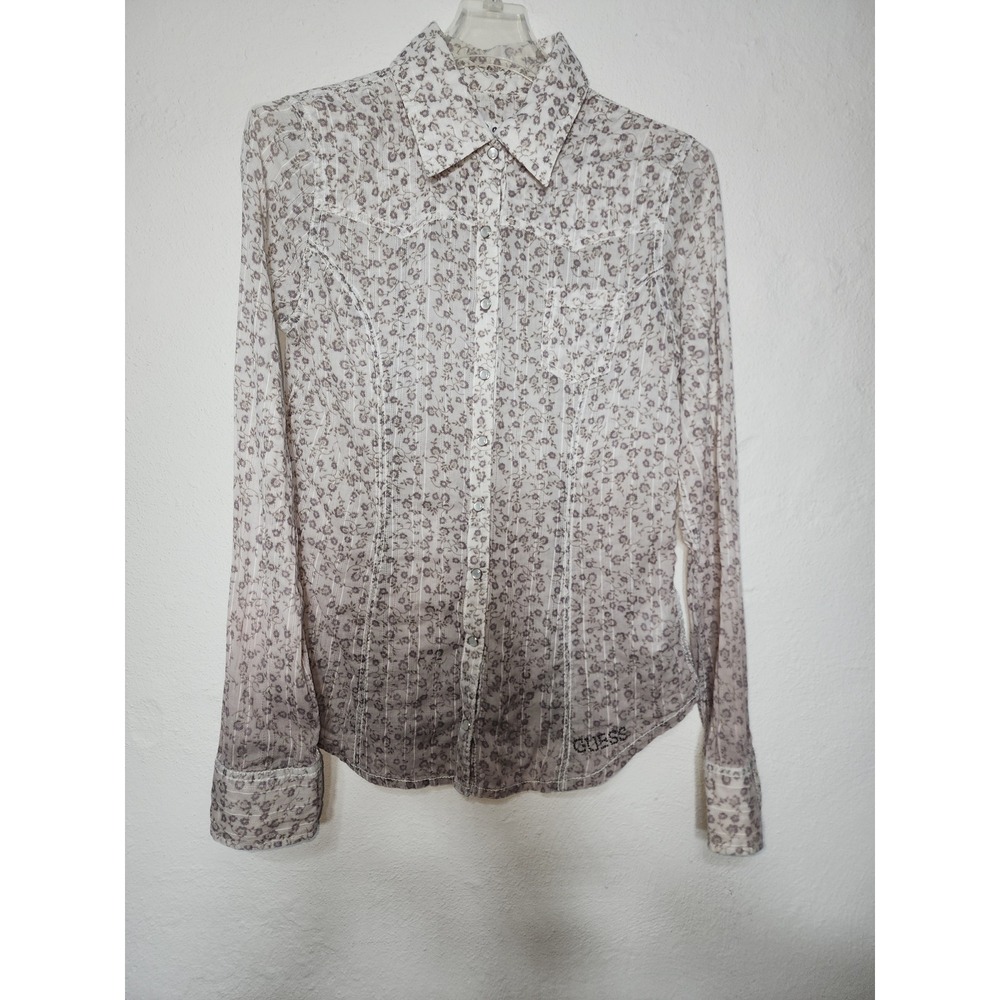 Guess Jeans Button Down Shirt Womens Small Purple Floral Ombre Western Snap Top‎